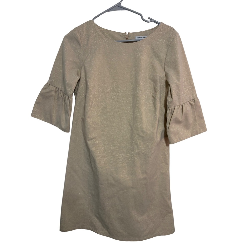 Velvet Torch Dress Shift Metallic Gold Shimmer Bell Sleeve Beige M